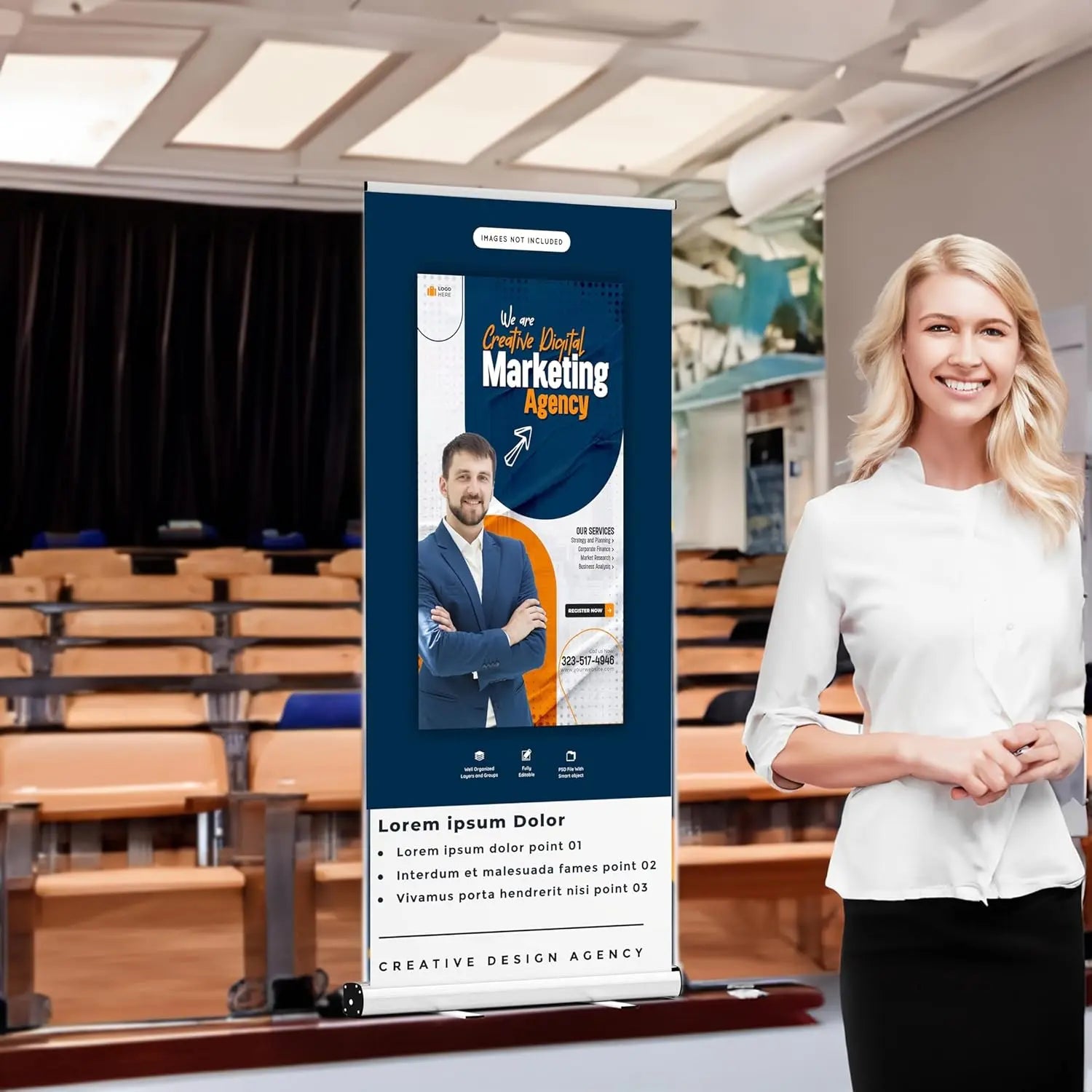 Generic Custom Roll up Banner 24hr Production Portable & Personalized Display with travel case for Business and Trade Shows Advertising and Promotion, White